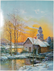 vintage calendar art with cottages, cabins, etc. circa 1930s-1940s